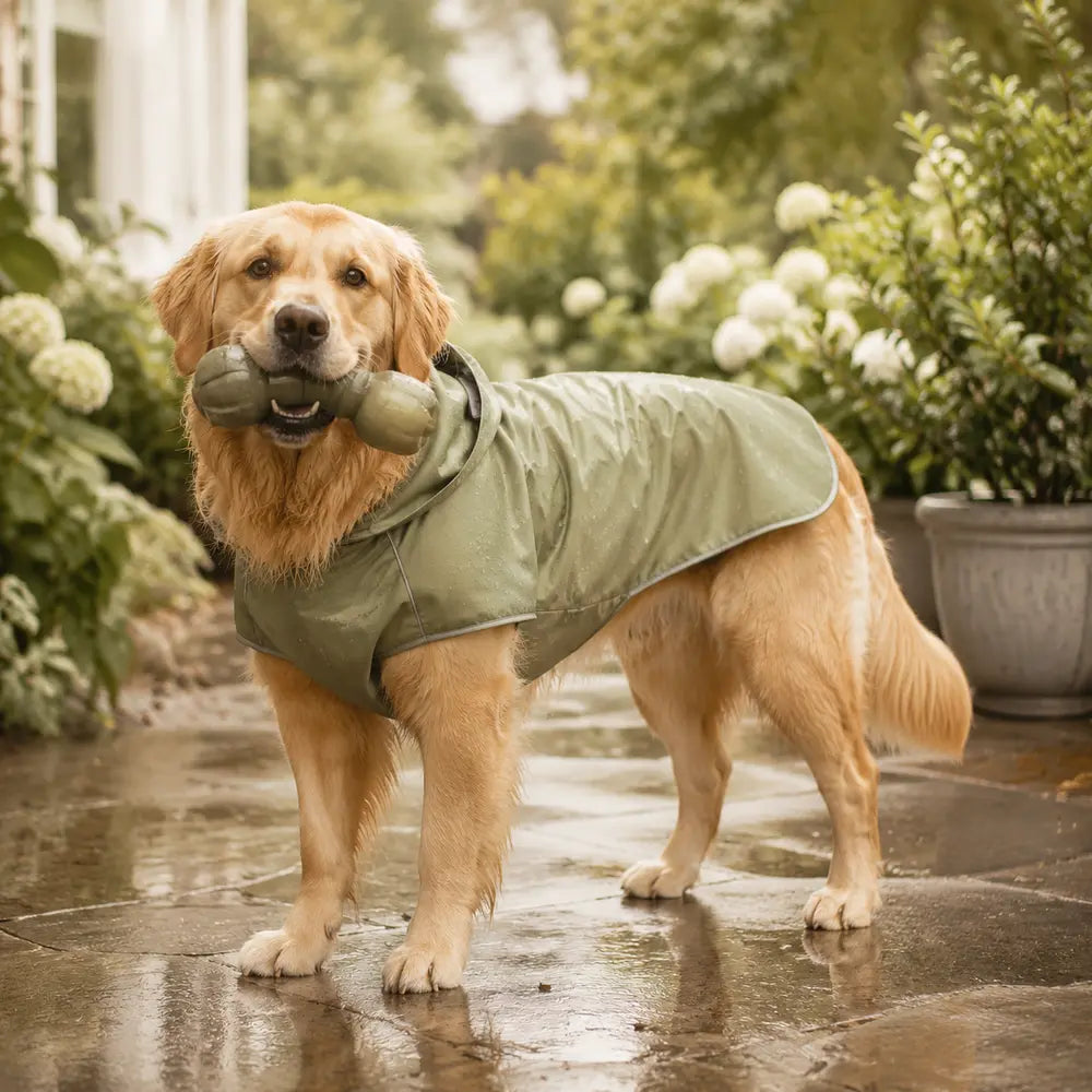 Golden retriever wearing an all-weather coat
